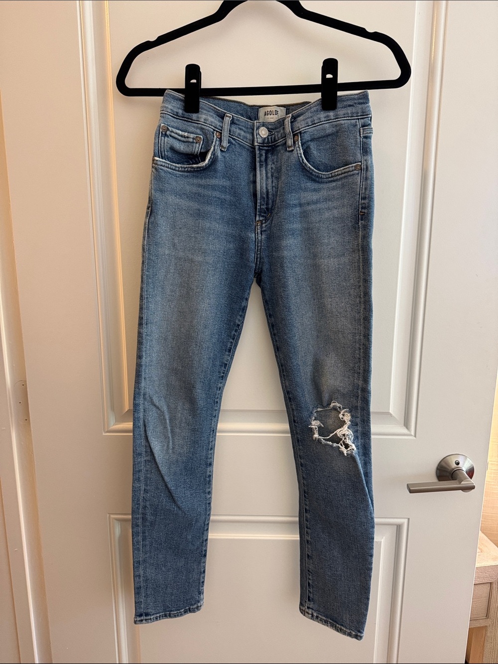 Agolde Light Blue High-Rise Skinny Jeans with Knee Distress